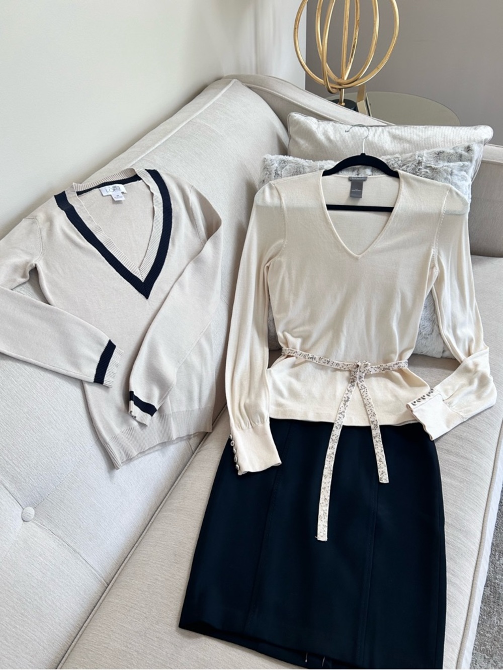 LOFT Cream Sweaters and Black Skirt